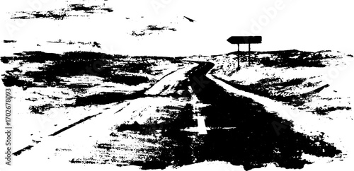 Urban desolation: black ink silhouette of a destroyed highway scene