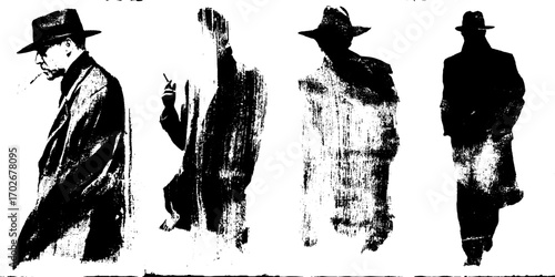 Mysterious black ink silhouette of detective in trench coat for urban graffiti art