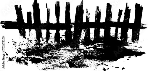 Black ink silhouette of distressed wood texture with rough edges and splatter marks for urban art design