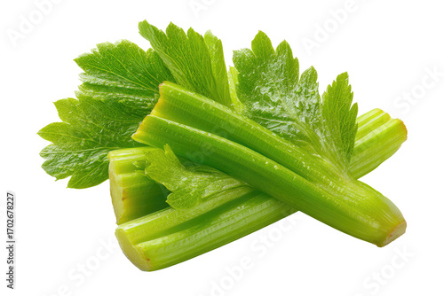 Fresh celery stalks with leaves, close-up, vibrant green, slightly glossy