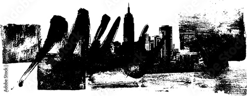 Urban skyline silhouette with ink collage and grunge texture for creative design