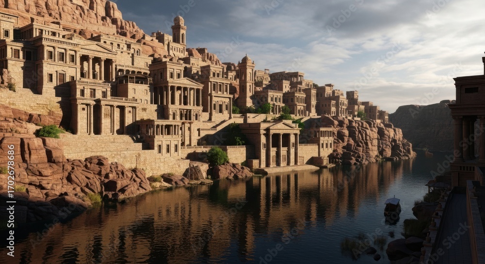 Fototapeta premium Ancient City on a Riverbank Under a Dramatic Sky
