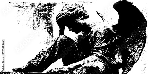 Gothic angel silhouette in black ink for mysterious design themes