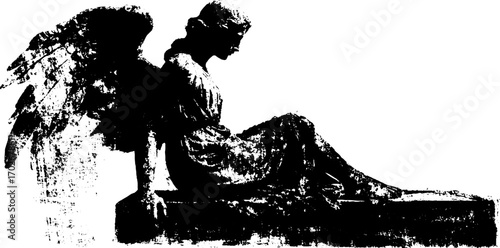 Gothic angel statue silhouette in black ink - grunge style art for posters and designs