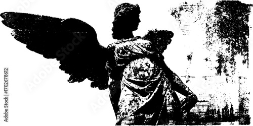 Dramatic silhouette of gothic angel statue with black ink texture