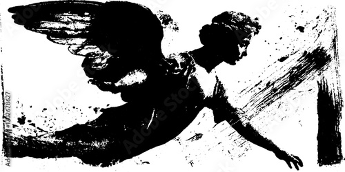 Gothic angel silhouette with ink splatter and grunge texture for artistic design