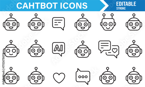 Collection of linear chatbot face icons for support, automation, and tech apps