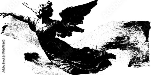 Silhouette of gothic angel statue in black ink with textured brushstrokes