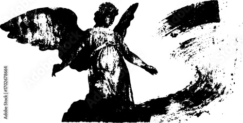 Gothic angel silhouette with grunge ink splatter for artistic design