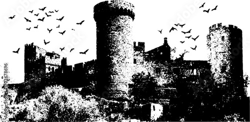Gothic castle silhouette with towers and bats - black ink illustration for halloween decor and design