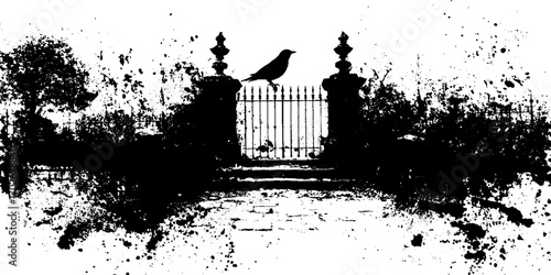 Gothic cemetery gate silhouette with crow and splattered ink design for halloween decor