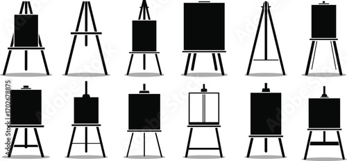 Vector illustration of various silhouettes of artist easels, including different styles and sizes for creative projects.