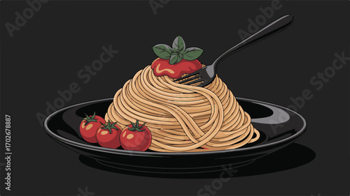 Spaghetti with Tomato Sauce and Basil Topped with a Fork on a Black Plate Keywords: spaghetti, pasta, italian food, tomato sauce, basil, fork, food, meal, dinner, lunch