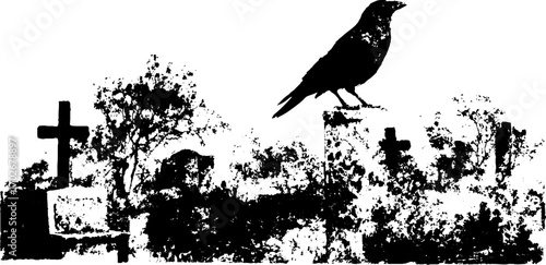Gothic graveyard silhouette with crow and crosses in black ink