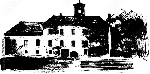 Mysterious horror mansion silhouette with black ink splatter design