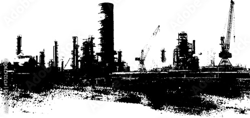 Urban industrial cityscape silhouette with black ink and grunge effects for design