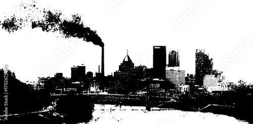 Black ink silhouette of industrial city skyline with smokestack emissions