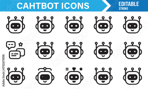 Set of technology chatbot avatars with friendly robot faces in stroke style