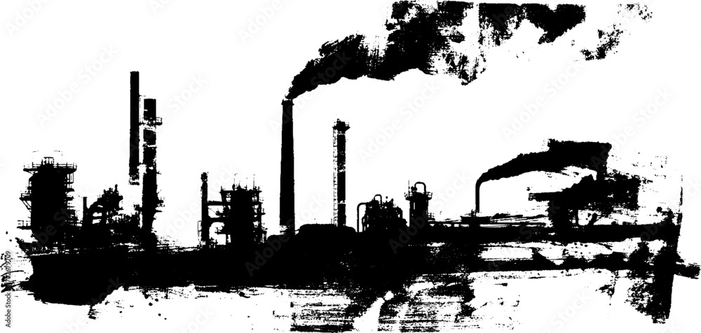 Obraz premium Industrial factory silhouette in black ink with urban grunge art elements