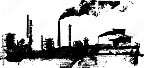 Industrial factory silhouette in black ink with urban grunge art elements
