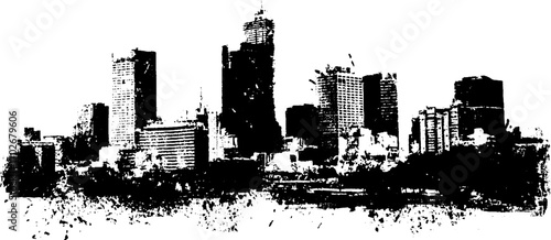 Black ink silhouette of modern city skyline with urban grunge art style