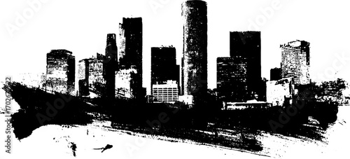 Urban cityscape silhouette in black ink with grunge artistic style