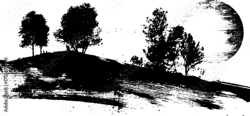 Black ink silhouette of mountain landscape with trees and sun for design art print