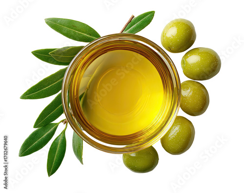 Overhead view of olive oil in a glass bowl, surrounded by olives and leaves