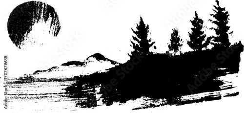 Black ink silhouette of mountain landscape with trees and moon for artistic design