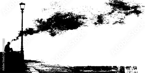 Silhouette of noir alley with street lamp and mysterious smoking figure in black ink