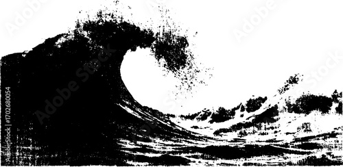 Dramatic black ink silhouette of powerful ocean wave for artistic design