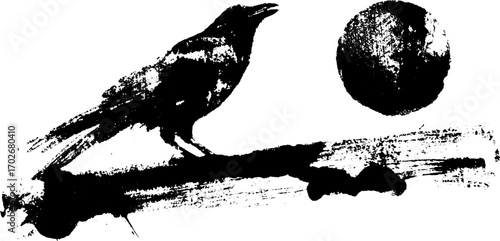 Black ink silhouette of raven perched on branch with textured sphere element