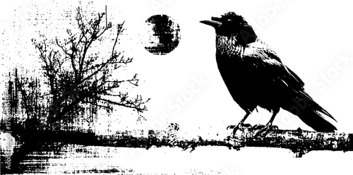 Mysterious raven silhouette perched on branch with moon and tree