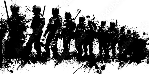 Black ink silhouette of riot police line with shields in grunge style for urban art design