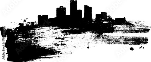 Dramatic black ink silhouette of ruined city skyline for urban art concepts