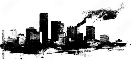 Black ink silhouette of ruined city skyline with urban grunge art elements