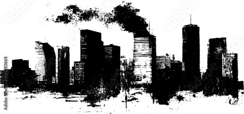 Black ink silhouette of ruined city skyline with grunge urban art style