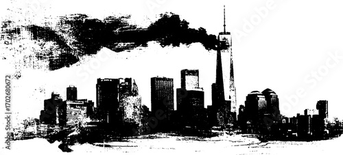 Black ink silhouette of ruined city skyline with grunge texture for urban art design