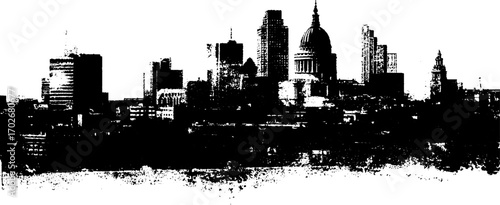 Black ink silhouette of ruined city skyline with grunge texture for urban art theme