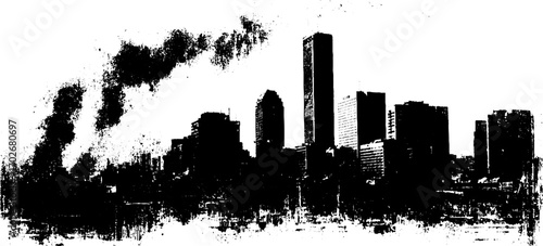 Grunge black ink silhouette of ruined city skyline for urban art design