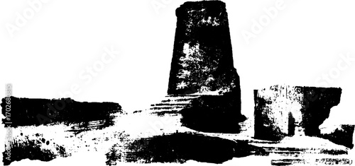 Dramatic silhouette of ruined tower with cracks in black ink for artistic design