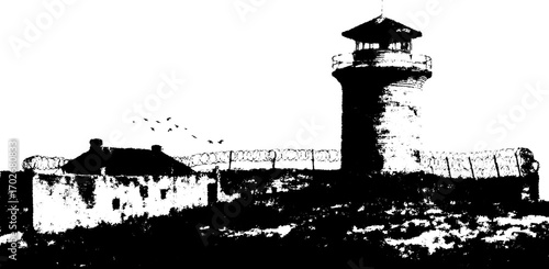 Black ink silhouette of ruined watchtower and building in grunge style for artistic design