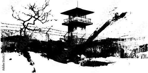 Black ink silhouette of ruined watchtower with barbed wire and bare tree