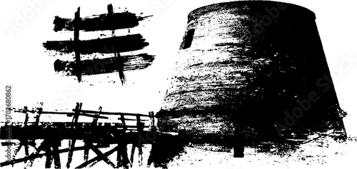 Ruined watchtower silhouette with black ink grunge design for urban art and graffiti concepts