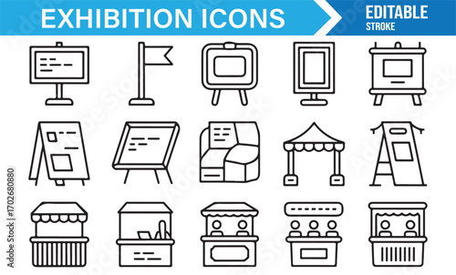 Set of business expo icons including stalls, fair tents, kiosks, display boards, and booths