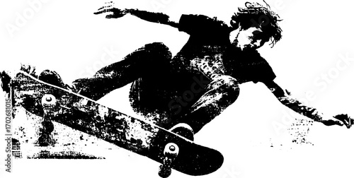 Dynamic black ink silhouette of skateboarder performing trick for urban design
