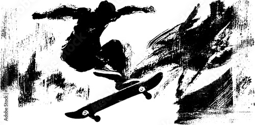 Dynamic silhouette of skateboarder performing trick with grunge ink effect