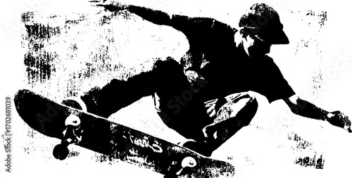 Dynamic black ink silhouette of skateboarder performing trick in urban art style
