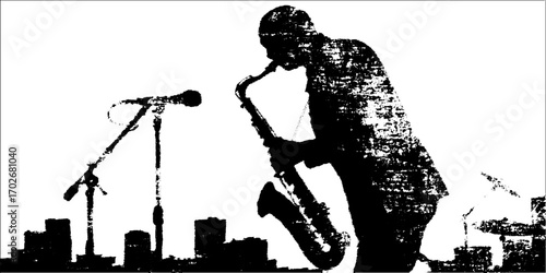 Atmospheric jazz bar silhouette with saxophone player in black ink