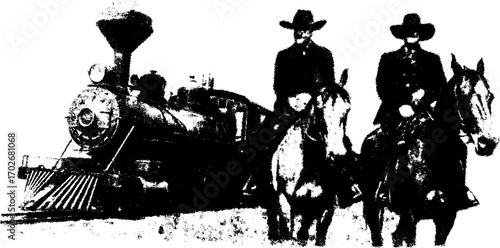 Vintage western scene with steam locomotive and cowboys in ink silhouette